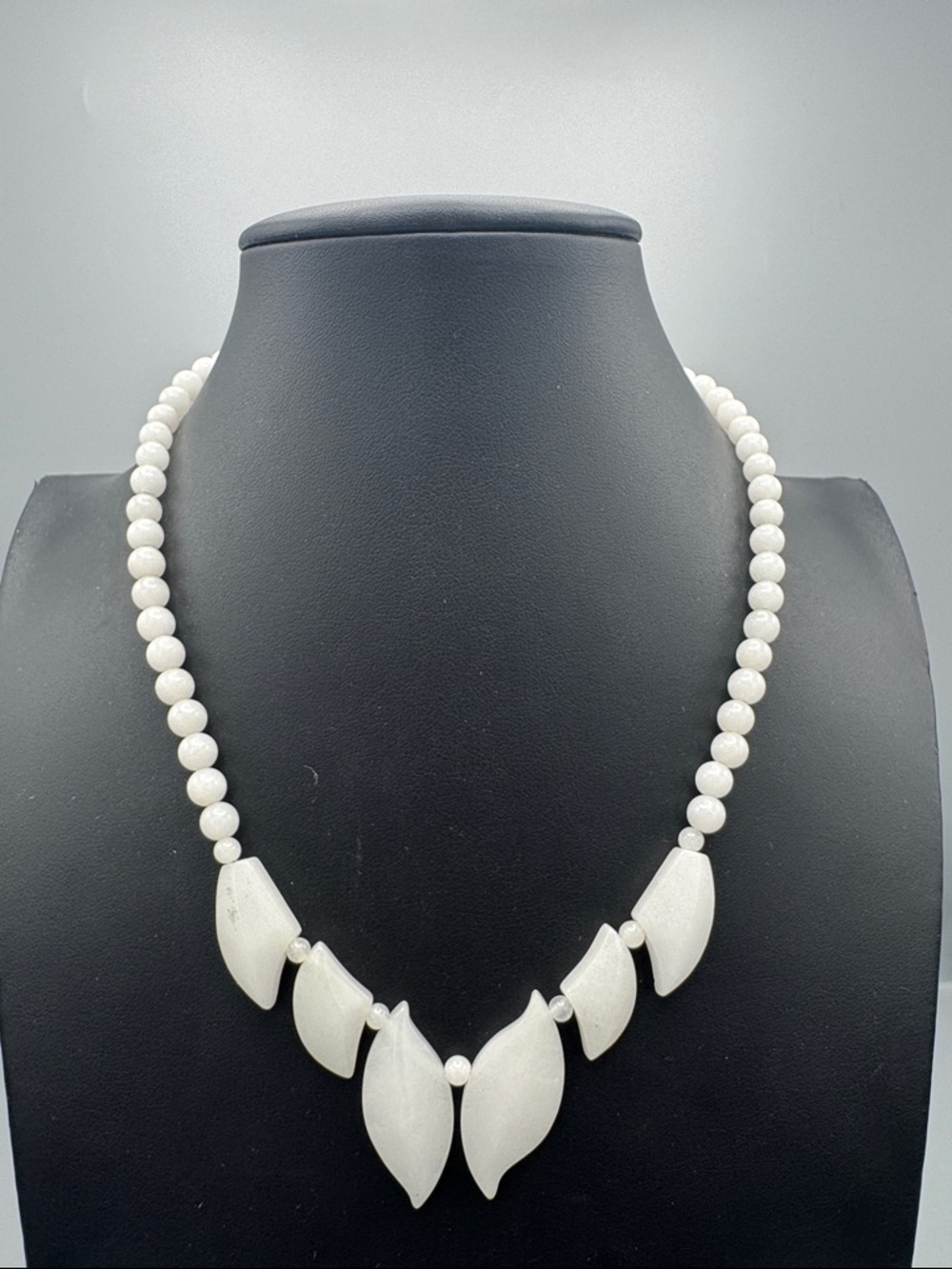 White Stone Bead Leaf Pendant Necklace unique rare